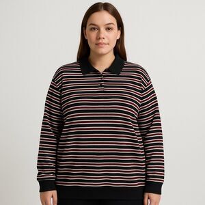 Nenoná Striped Long-Sleeve Polo Rugby Top Women’s Black Red White Rib Knit XL